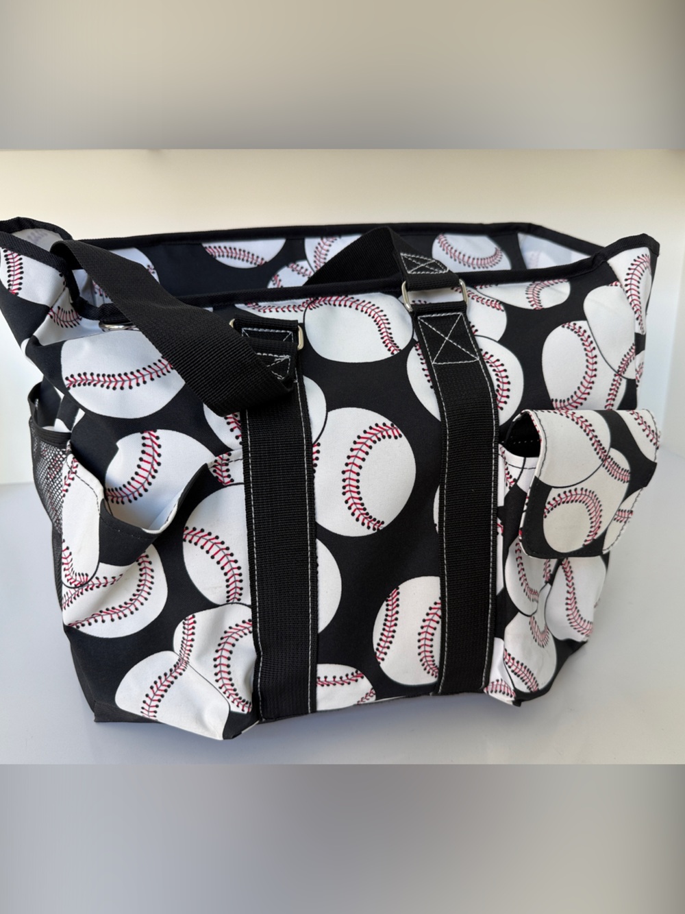 Large Baseball Print Tote Bag with Shoulder Straps
